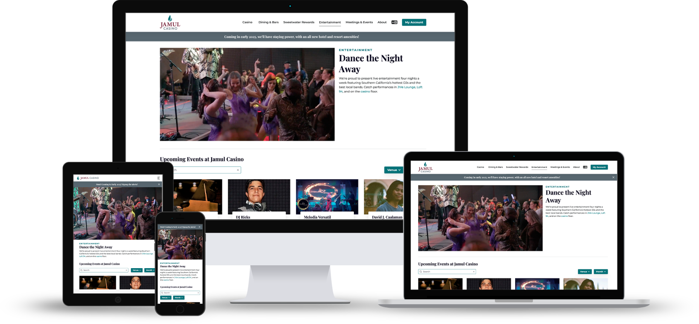 Jamul Casino website shown on a desktop, laptop, iPad, and iPhone