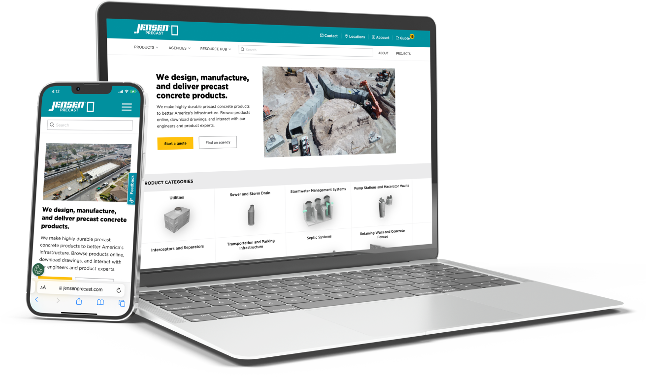 Jensen Precast website shown on a laptop and mobile phone