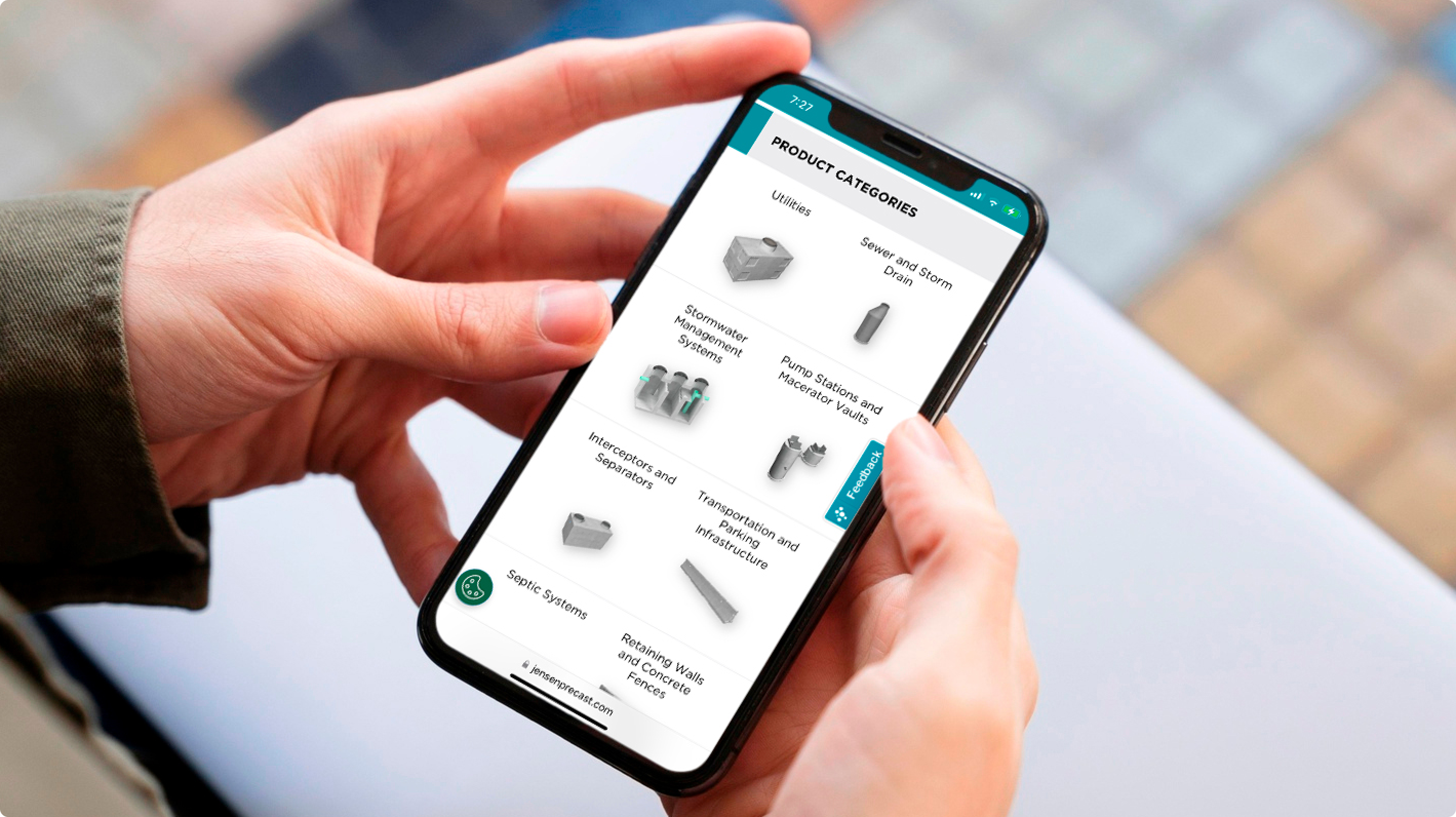 Product categories on the Jensen Precast website, shown on a mobile phone