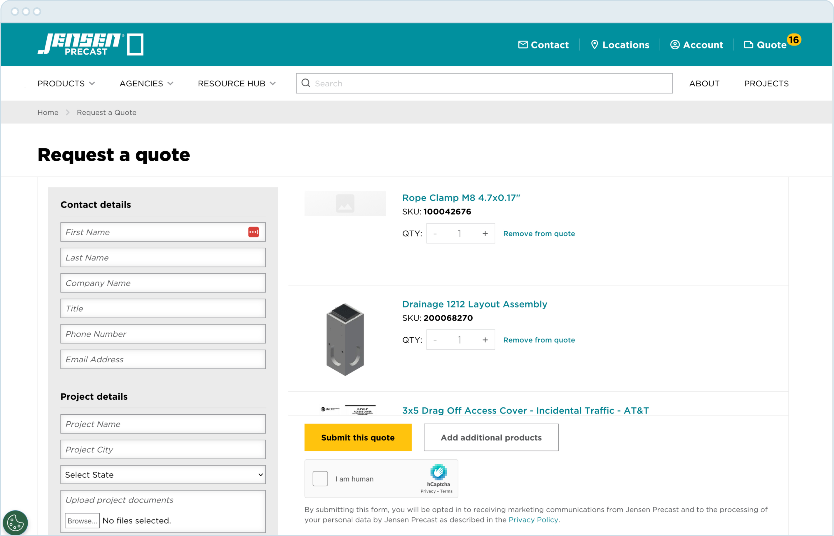 Request a quote page screenshot from the Jensen Precast website
